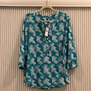White & Teal 3/4 Sleeve Blouse by NYDJ Size L